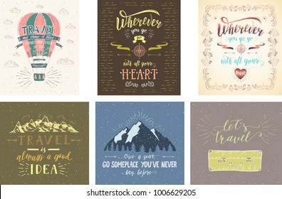 Set of travel posters. Vector hand drawn illustrations for t-shirt print or posters with hand-lettering quotes. Motivation phrases. Color banners for tourism.