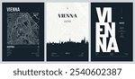 Set of travel posters with Vienna, detailed urban street plan city map, Silhouette city skyline, vector artwork, set 2