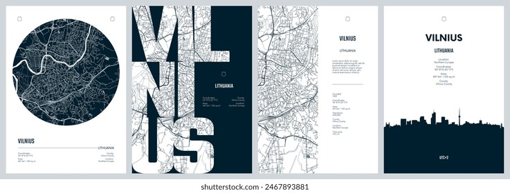 Set of travel posters with Vilnius, detailed urban street plan city map, Silhouette city skyline, vector artwork