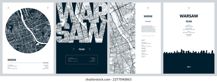 Set of travel posters with Warsaw, detailed urban street plan city map, Silhouette city skyline, vector artwork