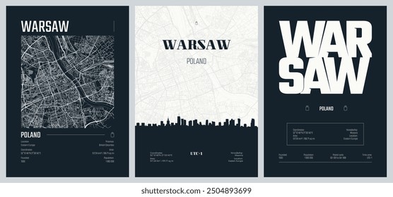 Set of travel posters with Warsaw, detailed urban street plan city map, Silhouette city skyline, vector artwork, set 2