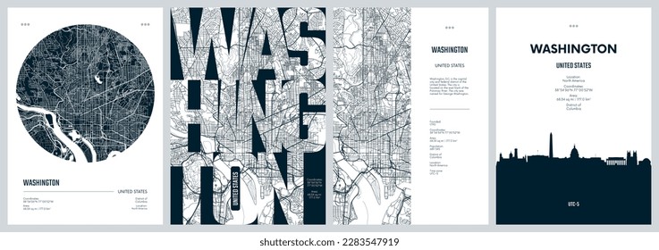 Set of travel posters with Washington, detailed urban street plan city map, Silhouette city skyline, vector artwork