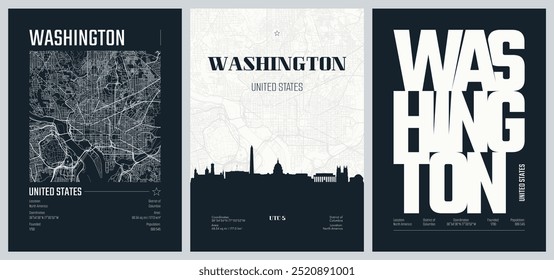 Conjunto de cartazes de viagem com Washington, mapa detalhado urbano da cidade, silhueta da cidade skyline, arte vetorial, conjunto 2