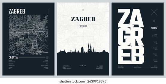 Set of travel posters with Zagreb, detailed urban street plan city map, Silhouette city skyline, vector artwork, set 2
