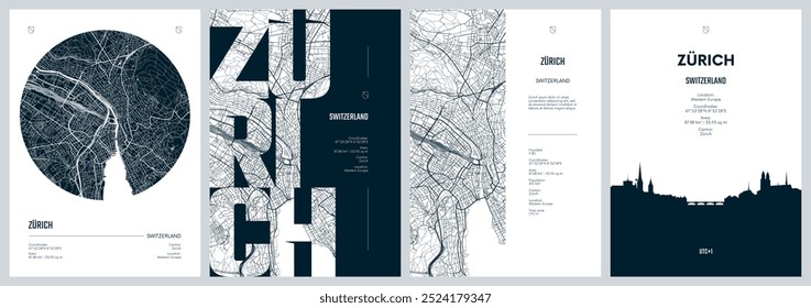 Set Reiseplakate mit Zürich, Stadtplan Stadtplan Stadtplan, Silhouette Skyline, Vektorgrafik