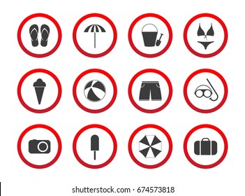 Set of travel prohibition icons, beach restriction signs, icon set for your infographic, holiday symbols isolated on white background