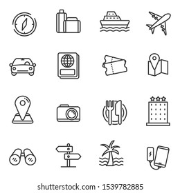 Set of travel related icon with simple line design isolated on white background.