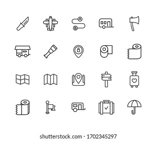 Conjunto de iconos de línea vectorial relacionados con el viaje. Paquete de símbolos lineales Premium. Ilustración vectorial aislada en un fondo blanco. Símbolos web para sitios web y aplicaciones móviles. Diseño moderno. 