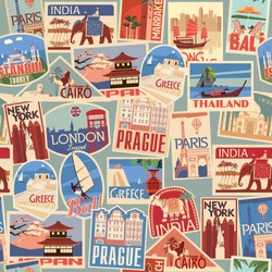 Set Of Travel Retro Labels And Cards. Different Countries And Cities In Europe, Africa, Asia And America. Vector Color Graphics