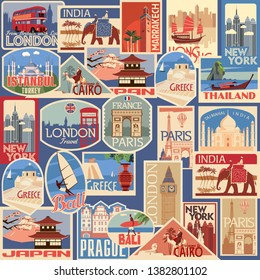 Set of travel retro labels and cards. Different countries and cities. Vector color graphics