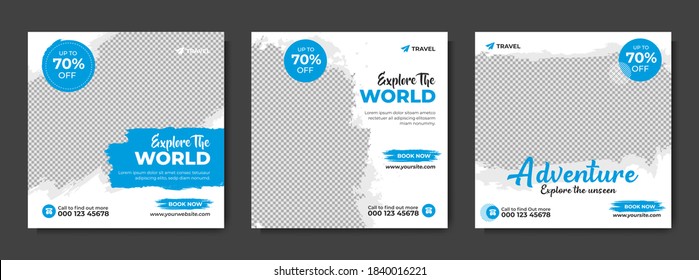 Set of travel sale social media post template. Web banner, flyer or poster for travelling agency business offer promotion. Holiday and tour advertising banner design.	
