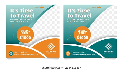Set of travel sale social media post template. Web banner, flyer or poster for travelling agency business offer promotion. Holiday and tour advertisement banner design. space for photo collage.