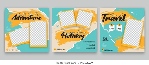 Set of travel sale social media post template. Summer beach holiday, traveling agency business offer promotion.tourism advertisement banner design.