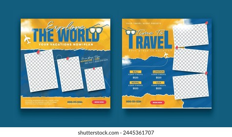 Conjunto de venta de viajes de medios sociales post Plantilla. Vacaciones de playa de verano, agencia de viajes de negocios oferta promocional. publicidad turística diseño de Anuncio.