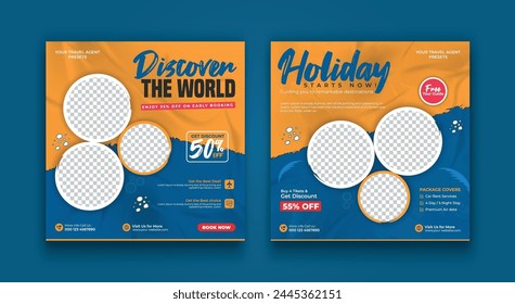 Set of travel sale social media post template. Summer beach holiday, traveling agency business offer promotion.tourism advertisement banner design.