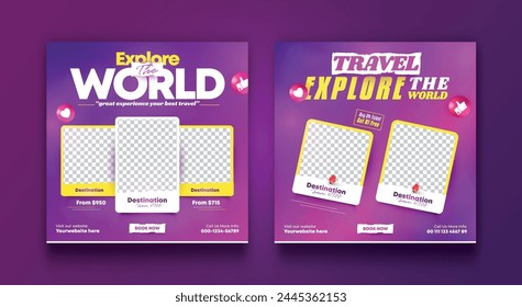Set of travel sale social media post template. Summer beach holiday, traveling agency business offer promotion.tourism advertisement banner design.