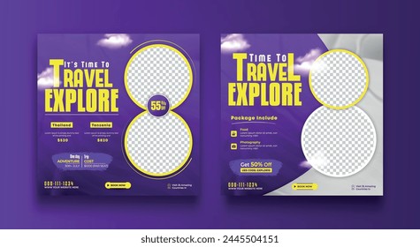 Set of travel sale social media post template. Summer beach holiday, traveling agency business offer promotion.tourism advertisement banner design.