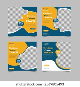 Set of travel sale social media post templates. Traveling agency business offer promotion marketing template