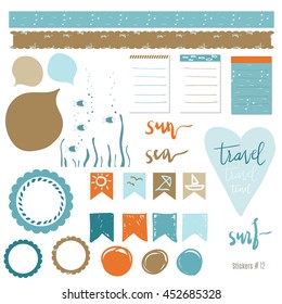 Set of travel scrapbooking cards, sticker, labels, labels with hand drawn textures. Templates for placards posters, flyers and banners Designs, card printing magazines, blogs. 