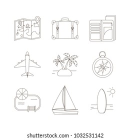 Set of travel / sea vacation icons in line stile. Vector illustration.