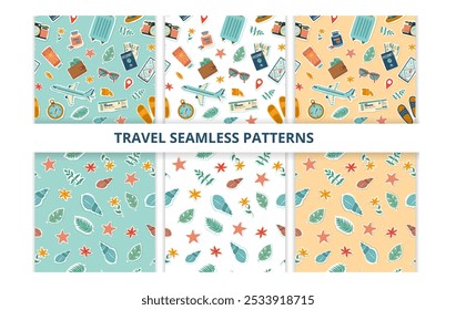 Conjunto de patrones de viaje sin fisuras. Concepto de viaje y verano. Fondo de objetos de pegatinas de viaje. Dibujado a mano ilustración plana.