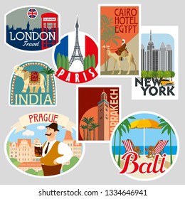 Set of travel stickers. Cities of the world. Vector illustration