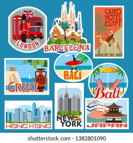 Set Of Travel Stickers. Countries Of Asia, Europe And Africa. Vector Color Graphics