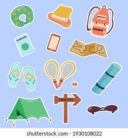 Set of travel stickers for design. Tourism stickers for travelling around the world. Flat design style vector illustration collection of planning a summer vacation, tourism and journey objects