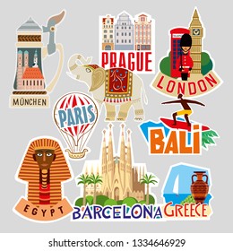 Set of travel stickers. Different countries and cities. Vector illustration