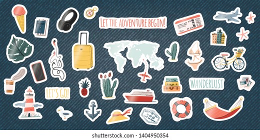 Set Of Travel Stickers Or Pins On Denim Background. Cartoon Hand Drawn Funny Patches On Jeans. Collection Of Badges. Stock Vector