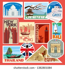 Set of travel stickers. World Capitals. Vector color graphics