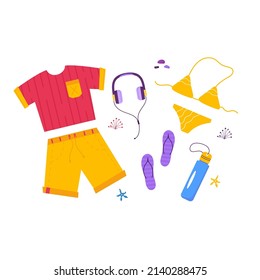 Set of travel stuff for adventure tourism, travel. Journey decorative design with tropical leaves, shells, clothes, accessories, shoes, suitcase, baggage for tourism. Flat cartoon modern vector