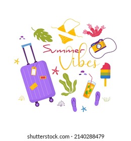 Set of travel stuff for adventure tourism, travel. Journey decorative design with tropical leaves, shells, clothes, accessories, shoes, suitcase, baggage for tourism. Flat cartoon modern vector