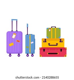 Set of travel stuff for adventure tourism, travel. Journey decorative design with tropical leaves, shells, clothes, accessories, shoes, suitcase, baggage for tourism. Flat cartoon modern vector