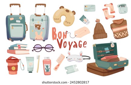 Set von Travel-Zeug. Aufkleber mit Gepäck, Koffer, Reisekissen, Hygieneprodukte und Schlafmaske. Kleidung und Dinge für den Urlaub. Cartoon flache Vektorillustrationen isoliert auf weißem Hintergrund