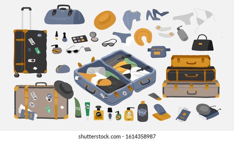 Set of travel stuff for vacation and holiday. Various luggage bags, vintage open suitcases, sunglasses, cosmetics, clothes. Hand drawn trendy isolated design elements. Cartoon vector illustration