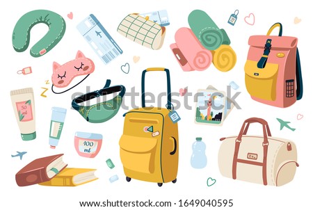 Set of travel stuff for vacation and holiday. Various luggage bags, suitcases, cosmetics, clothes. Travel abroad icons. Set of things for a comfortable trip aboard an airplane. Trendy isolated design 