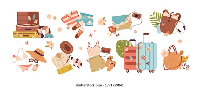 Ensemble d'illustrations vectorielles d'objets de voyage. Collection d'objets de vacances ou de voyage décorés de feuilles tropicales, coquillages et fleurs isolés. Vêtements, accessoires, chaussures et valises pour le tourisme