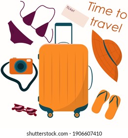 Set of travel stuff vector illustration. Collection of items for vacation. Clothes, accessories, shoes and suitcase for tourism. Vector illustration, eps 10