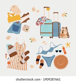 Set of travel stuff vector illustration. Collection of items for vacation or journey.Clothes, accessories, shoes and suitcase for tourism
