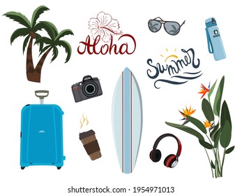 Set of travel stuff vector illustration. Collection of vacation or travel items decorated with tropical leaves and flowers. Camera, surfboard, accessories, headphones, bottle, water flask and suitcase
