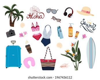 Set of travel stuff vector illustration in flat style. Collection for vacation journey decorated by tropical leaves, shells and flowers isolated. Clothes, accessories, sunscreen, suitcase for tourism