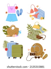 Set of travel stuff vector illustration. Various luggage bags, suitcases, cosmetics, clothes. Vacation, holiday. Hand drawn vector set.