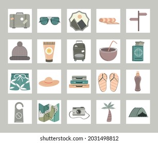 set of travel stuffs include suitcase and map
