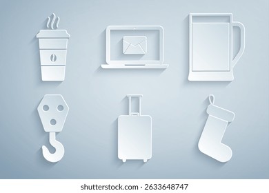 Set Travel suitcase, Glass of beer, Industrial hook, Christmas sock, Laptop with envelope and Coffee cup icon. Vector