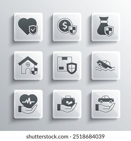 Set Travel suitcase in hand, Car insurance, Flood car, Delivery security with shield, Life, House,  and Money bag icon. Vector