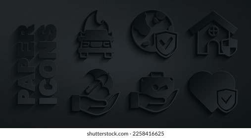Set Travel suitcase in hand, House with shield, Umbrella, Life insurance, Shield world globe and Burning car icon. Vector