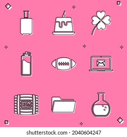 Set Travel suitcase, Pudding custard, Four leaf clover, Sport bottle with water, American Football ball and Laptop envelope icon. Vector