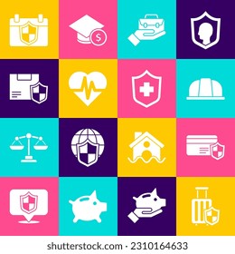 Set Travel suitcase with shield, Credit card, Worker safety helmet, Hand holding briefcase, Health insurance, Delivery security, Calendar and  icon. Vector