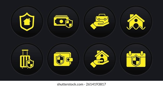 Set Travel suitcase with shield, House flood, Wallet, insurance, Hand holding briefcase, Money, Calendar and  icon. Vector